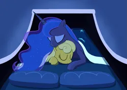 Size: 1191x846 | Tagged: safe, artist:truthormare, ponerpics import, princess luna, oc, oc:lurky lone, alicorn, earth pony, pony, bed, blanket, cuddling, female, gradient background, hug, image, luna's bed, mare, missing accessory, pillow, png, simple background