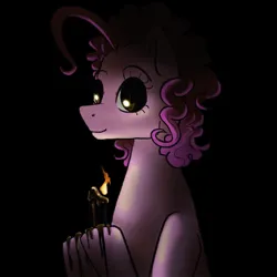 Size: 1024x1024 | Tagged: safe, artist:smirk, derpibooru import, pinkie pie, black background, candle, creepy, fire, image, jpeg, simple background, smiling, solo