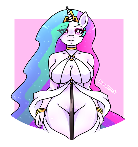 Size: 1500x1600 | Tagged: suggestive, artist:morestar, derpibooru import, princess celestia, anthro, celestine lucullus, clothes, female, image, kuroinu kedakaki seijo wa hakudaku ni somaru, loincloth, loincloth dress, png, solo, solo female