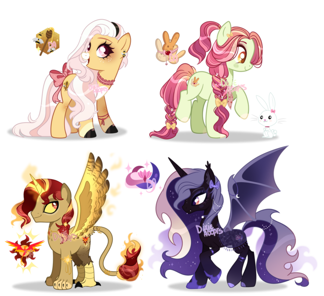 Size: 1280x1170 | Tagged: safe, artist:dixieadopts, derpibooru import, oc, unofficial characters only, alicorn, bat pony, bat pony alicorn, earth pony, hybrid, pony, rabbit, animal, bat wings, bow, female, horn, image, mare, obtrusive watermark, png, simple background, tail, tail bow, transparent background, watermark, wings