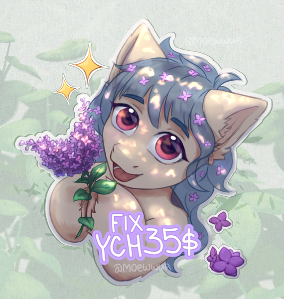 Size: 1900x2000 | Tagged: safe, artist:moewwur, artist:rin-mandarin, derpibooru import, pony, blue mane, bust, commission, flower, flower in hair, fluffy, image, light skin, lights, lilac, lilac bush, looking at you, png, purple eyes, solo, sparkles, your character here