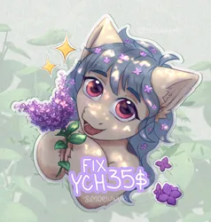 Size: 1900x2000 | Tagged: safe, artist:moewwur, artist:rin-mandarin, derpibooru import, pony, blue mane, bust, commission, flower, flower in hair, fluffy, image, light skin, lights, lilac, lilac bush, looking at you, png, purple eyes, solo, sparkles, your character here