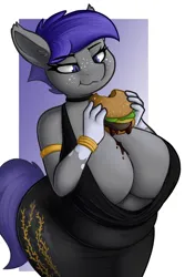 Size: 1440x2160 | Tagged: suggestive, artist:andelai, derpibooru import, oc, oc:midnight blossom, unofficial characters only, anthro, bat pony, absolute cleavage, arm band, bat pony oc, bat wings, big breasts, boob freckles, bracelet, breasts, burger, chest freckles, choker, cleavage, clothes, coat markings, dress, eating, fancy dress, fat, female, food, freckles, huge breasts, image, jewelry, png, sauce in cleavage, see-through, socks (coat marking), solo, solo female, wide hips, wings