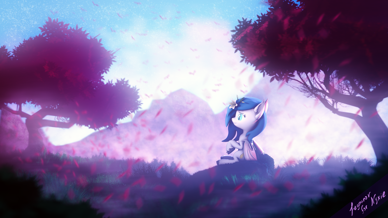 Size: 3840x2160 | Tagged: safe, artist:lagmanor, derpibooru import, oc, oc:xenia amata, bat pony, pony, 3d, blurry background, falling leaves, female, flower, flower in hair, high res, image, inspired by another artist, leaves, looking up, mountain, png, sitting, solo, solo female, source filmmaker, tree