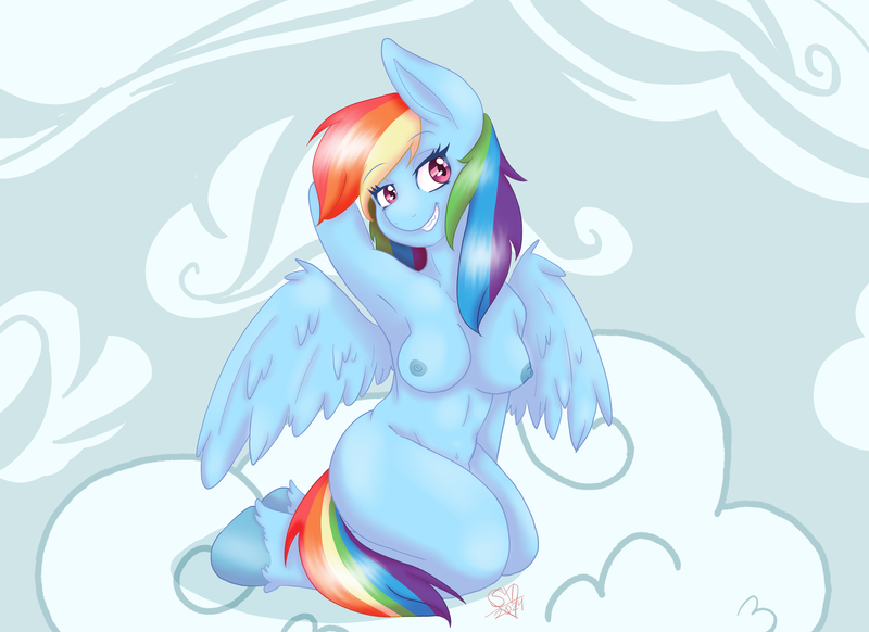 Size: 3300x2400 | Tagged: questionable, artist:strawberrywolv, derpibooru import, rainbow dash, anthro, pegasus, areola, arm behind head, background, breasts, busty rainbow dash, cloud, exhibitionism, female, g4, hooves, image, kneeling, large butt, looking away, looking sideways, looking to the right, nipples, nudity, on a cloud, on top of cloud, png, public nudity, rainbow, sideways glance, sitting, sitting on cloud, smiling, solo, solo female, spread wings, tail, thicc thighs, wide hips, wings