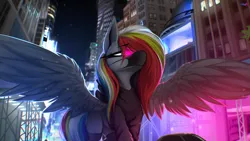 Size: 4000x2250 | Tagged: safe, artist:darky_wings, derpibooru import, neon lights, rising star, oc, oc:darky wings, unofficial characters only, pegasus, pony, building, city, clothes, face mask, female, glow, glowing eyes, hoodie, image, mask, neon, new york, new york city, night, png, socks, spread wings, stockings, thigh highs, wings