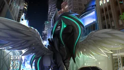 Size: 4000x2250 | Tagged: safe, artist:darky_wings, derpibooru import, neon lights, rising star, oc, oc:lumishade, unofficial characters only, pegasus, pony, building, city, clothes, female, glow, glowing eyes, image, mask, neon, new york, new york city, night, piercing, png, socks, spread wings, stockings, thigh highs, wings