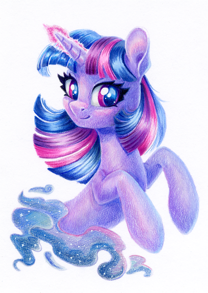 Size: 850x1200 | Tagged: safe, artist:maytee, derpibooru import, twilight sparkle, pony, unicorn, image, magic, magic aura, png, simple background, smiling, solo, traditional art, unicorn twilight, white background