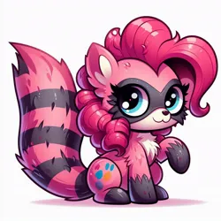 Size: 1024x1024 | Tagged: safe, ai content, derpibooru import, generator:copilot, machine learning generated, pinkie pie, raccoon, :3, g4, generator:bing image creator, generator:dall-e 3, image, jpeg, looking at you, raccoonified, raised leg, simple background, solo, species swap, white background
