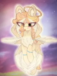 Size: 4096x5461 | Tagged: safe, artist:sodapop sprays, derpibooru import, oc, oc:sonata sprays, unofficial characters only, pony, seraph, angel, blushing, chest fluff, cloud, ear fluff, eye clipping through hair, freckles, glow, hair tie, halo, happy, image, looking at you, multiple wings, png, solo, wings