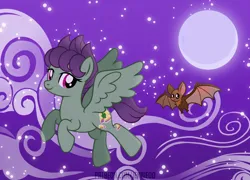 Size: 1200x864 | Tagged: safe, artist:jennieoo, derpibooru import, oc, oc:dust cloud, oc:pima, bat, pegasus, pony, bat wings, cloud, cloudy, commission, flying, image, moon, night, png, show accurate, starry night, vector, wings