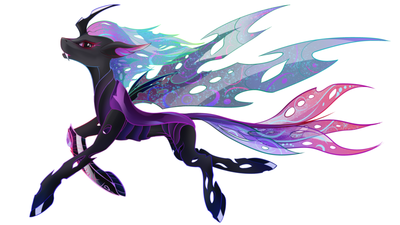 Size: 5430x3054 | Tagged: safe, artist:arisu-kun, derpibooru import, oc, oc:ariska, unofficial characters only, changeling, colored pupils, colored wings, curved horn, digital art, ethereal mane, fangs, flowing mane, g4, gem, high res, horn, image, intersex, lidded eyes, looking at you, multicolored mane, multicolored tail, multicolored wings, pink eyes, png, simple background, solo, spread wings, starry mane, starry tail, starry wings, tail, teeth, transparent background, wings