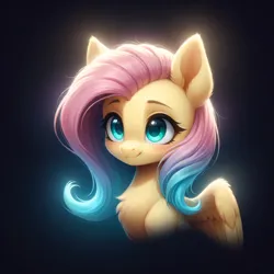 Size: 1328x1328 | Tagged: safe, ai content, derpibooru import, generator:bluefox mix, machine learning generated, prompter:adorablebluefox, stable diffusion, fluttershy, pegasus, pony, beautiful, black background, bust, chest fluff, cute, derpibooru exclusive, ear fluff, female, g4, glow, glowing mane, gradient background, image, mare, multicolored hair, partially open wings, png, portrait, shyabetes, simple background, smiling, solo, upper body, wings