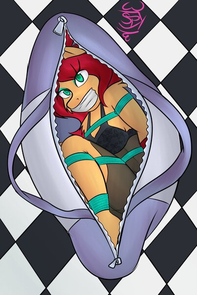 Size: 1341x2000 | Tagged: suggestive, artist:spk, ponerpics import, oc, oc:vivian cereza, unofficial characters only, anthro, plantigrade anthro, bondage, clothes, duffle bag, feet, gag, image, jpeg, nightgown, rope, rope bondage, tape, tape gag