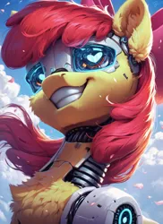 Size: 1024x1408 | Tagged: safe, ai content, derpibooru import, machine learning generated, prompter:star-dragon, stable diffusion, apple bloom, pony, robot, robot pony, apple bloom bot, bust, ear fluff, female, g4, generator:pony diffusion v6 xl, grin, heart, heart eyes, image, png, portrait, roboticization, smiling, solo, wingding eyes
