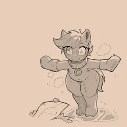 Size: 1200x1200 | Tagged: safe, artist:cold-blooded-twilight, derpibooru import, scootaloo, pegasus, pony, semi-anthro, belly button, blushing, boots, clothes, collar, cute, female, filly, foal, image, monochrome, png, rain, shoes, sketch, smiling, t pose, weapons-grade cute
