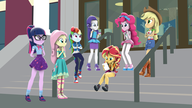 Size: 1920x1080 | Tagged: safe, artist:ontheedgeht, derpibooru import, applejack, fluttershy, pinkie pie, rainbow dash, rarity, sci-twi, sunset shimmer, twilight sparkle, equestria girls, 3d, clothes, fluttershy boho dress, g4, image, png, shorts