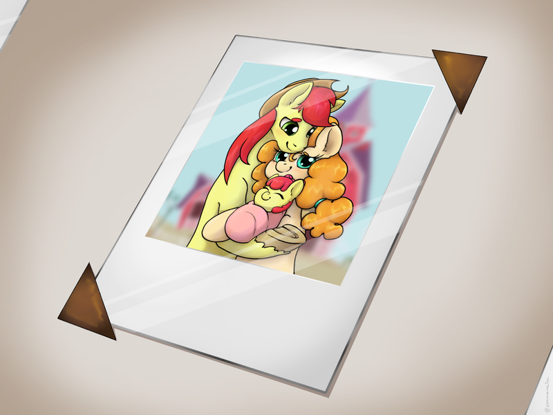 Size: 2880x2160 | Tagged: safe, artist:maneiacmayhem, derpibooru import, apple bloom, bright mac, pear butter, pony, fanfic, baby, baby pony, cute, eyes closed, fanfic art, fanfic cover, female, filly, foal, image, looking at you, male, mare, photo, png, stallion, underhoof, unshorn fetlocks