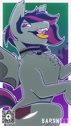 Size: 2160x3840 | Tagged: safe, artist:barnnest, derpibooru import, oc, oc:ghostly shivers, bat pony, background, bat wings, chest fluff, choker, commission, cross, cross necklace, cutie mark, ear fluff, fangs, fire, gray coat, image, jewelry, looking at you, necklace, png, purple mane, purple tail, red eyes, smiling, smiling at you, solo, tail, tongue out, wings