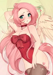 Size: 3256x4573 | Tagged: suggestive, artist:yukomaussi, derpibooru import, fluttershy, anthro, human, pegasus, bow, breasts, busty fluttershy, choker, cleavage, clothes, ear piercing, earring, female, humanized, image, jewelry, leotard, necklace, piercing, png, socks, solo, solo female, stockings, thigh highs