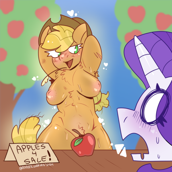 Size: 1400x1400 | Tagged: questionable, artist:axolotllurks, derpibooru import, applejack, rarity, anthro, earth pony, pony, unicorn, apple, apple tree, applejack's hat, applejacked, belly button, blushing, breasts, busty applejack, buy some apples, chest fluff, cowboy hat, duo, embarrassed, female, food, green eyes, hat, horn, image, inverted nipples, lesbian, muscles, nipples, nudity, pink nipples, png, pubic fluff, rarijack, scar, seductive, seductive look, seductive pose, shipping, shocked, strategically covered, straw in mouth, sweat, table, text, tree, wide eyes, wide hips
