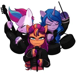 Size: 3500x3363 | Tagged: safe, artist:maren, derpibooru import, screencap, izzy moonbow, sunny starscout, zipp storm, earth pony, pegasus, pony, g5, clothes, drums, drumsticks, electric guitar, guitar, image, jacket, microphone, microphone stand, musical instrument, my chemical romance, png, rock and roll, simple background, welcome to the black parade, white background