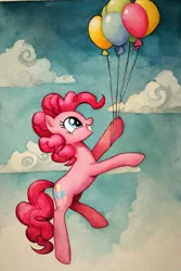 Size: 768x1152 | Tagged: safe, ai content, derpibooru import, machine learning generated, prompter:foxpony, stable diffusion, pinkie pie, earth pony, pony, balloon, cloud, floating, generator:pony diffusion v6 xl, grin, image, png, side view, sky, smiling, solo, then watch her balloons lift her up to the sky, traditional art, watercolor painting