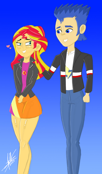 Size: 2144x3624 | Tagged: safe, artist:joancarrington14, derpibooru import, flash sentry, sunset shimmer, equestria girls, clothes, denim, female, flashimmer, g4, image, jacket, jeans, jpeg, male, pants, shipping, shirt, skirt, straight