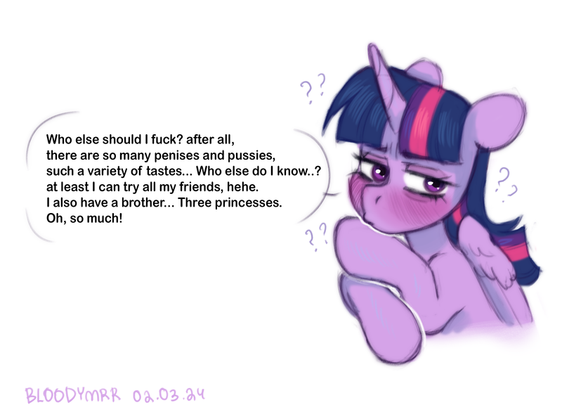 Size: 3085x2259 | Tagged: suggestive, artist:bloodymrr, derpibooru import, twilight sparkle, twilight sparkle (alicorn), alicorn, pony, alternate universe, blushing, female, g4, image, implied twicest, png, purple eyes, purple hair, simple background, speech bubble, talking, text, thinking, white background