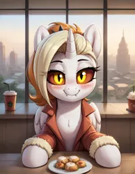Size: 1792x2304 | Tagged: safe, ai content, derpibooru import, machine learning generated, prompter:ramprover, stable diffusion, oc, oc:dyx, alicorn, pony, bedroom eyes, blushing, cafe, clothes, cute, derpibooru exclusive, fangs, female, food, generator:pony diffusion v6 xl, horn, image, jacket, looking at you, mare, png, prompt in description, sitting, smiling, smiling at you, solo, wings