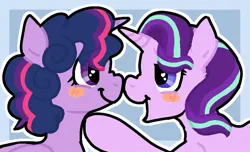 Size: 747x453 | Tagged: safe, artist:twilypie, derpibooru import, starlight glimmer, twilight sparkle, twilight sparkle (alicorn), alicorn, pony, unicorn, alternate hairstyle, blushing, boop, cute, duo, duo female, female, g4, heart, heart eyes, horn, image, jpeg, lesbian, looking at each other, looking at someone, mare, nose wrinkle, noseboop, open mouth, open smile, outline, passepartout, ship:twistarlight, shipping, smiling, twilight poofle, wingding eyes