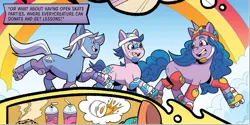 Size: 813x408 | Tagged: safe, artist:gigi dutreix, derpibooru import, idw, official, izzy moonbow, unnamed character, unnamed pony, earth pony, pony, unicorn, g5, my little pony: tell your tale, spoiler:comic, spoiler:g5, spoiler:g5comic, cropped, cutie mark, female, helmet, horn, image, male, mare, my little pony: kenbucky roller derby, official comic, png, roller derby, roller skates, skates, smiling, stallion, unshorn fetlocks