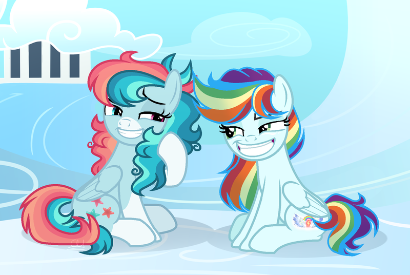 Size: 1894x1270 | Tagged: safe, artist:universeconstelation, artist:xxcheerupxxx, derpibooru import, oc, oc:lightning dash, oc:tropical exotic, unofficial characters only, pegasus, pony, female, heterochromia, image, mare, png