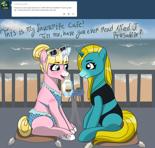 Size: 1280x1224 | Tagged: safe, artist:jillspencil, derpibooru import, oc, oc:questrapolia, unofficial characters only, pony, unicorn, ask-questrapolia, bikini, clothes, female, horn, image, magic, mare, ocean, png, swimsuit, water