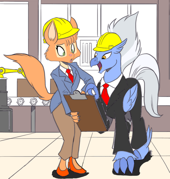 Size: 948x996 | Tagged: safe, artist:nauyaco, color edit, derpibooru import, edit, sky beak, fox, hippogriff, clothes, colored, crossover, diane foxington, female, hard hat, hat, high heels, image, png, shoes, the bad guys, wings