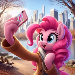 Size: 1024x1024 | Tagged: safe, ai content, derpibooru import, machine learning generated, pinkie pie, anthro, bench, central park, g4, image, jpeg, mobile phone, new york city, park, park bench, phone, prompter:pinkiepiepics, selfie, smartphone, suddenly hands