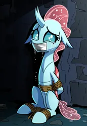 Size: 1280x1856 | Tagged: suggestive, ai content, derpibooru import, machine learning generated, ocellus, changedling, changeling, arm behind back, bondage, bound and gagged, crying, female, g4, gag, image, kidnapped, png, rope, rope bondage, solo, solo female, tape, tape gag, tied up