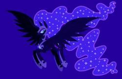 Size: 2386x1546 | Tagged: safe, artist:acura, derpibooru import, nightmare moon, alicorn, pony, female, horn, image, long horn, mare, png, slit pupils, solo, spread wings, wings