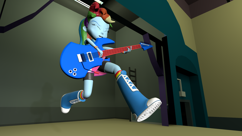 Size: 2048x1152 | Tagged: safe, artist:gaelgaming1, derpibooru import, rainbow dash, human, equestria girls, 3d, boots, clothes, female, g4, guitar, high heel boots, image, jacket, musical instrument, my little pony equestria girls: rainbow rocks, png, rainbow dash's boots, shirt, shoes, skirt, socks, solo, source filmmaker, vest