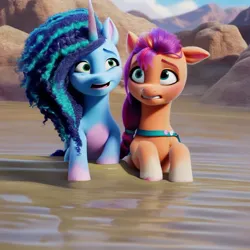 Size: 1024x1024 | Tagged: safe, ai content, anonymous prompter, derpibooru import, machine learning generated, stable diffusion, sunny starscout, earth pony, pony, unicorn, g5, my little pony: make your mark, beach, duo, female, generator:pony diffusion v6 xl, horn, image, jpeg, mare, misty brightdawn, mud, quicksand