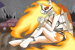 Size: 1750x1169 | Tagged: suggestive, artist:quakehoof, derpibooru import, daybreaker, alicorn, anthro, unguligrade anthro, bdsm, bit gag, blushing, bondage, bound wings, bra, chained, chains, chastity, chastity belt, clothes, female, femsub, g4, gag, horn, horn ring, image, jewelry, looking at you, magic suppression, png, post-apocalyptic, ring, shackles, submissive, sultry pose, underwear, wings, yoke