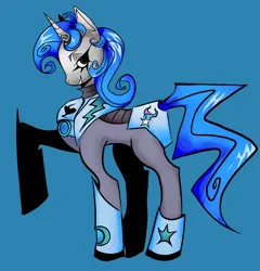 Size: 1668x1739 | Tagged: safe, artist:phanztombzz, derpibooru import, oc, oc:tango starfall, unofficial characters only, pony, unicorn, armor, armored pony, blue mane, blue tail, gray coat, horn, image, png, power armor, smiling, solo, tail