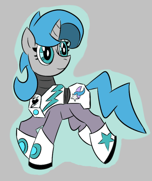 Size: 632x753 | Tagged: safe, artist:vareb, derpibooru import, oc, oc:tango starfall, unofficial characters only, pony, unicorn, armor, armored pony, blue eyes, blue mane, blue tail, gray coat, horn, image, png, power armor, smiling, tail, walking