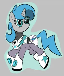 Size: 632x753 | Tagged: safe, artist:vareb, derpibooru import, oc, oc:tango starfall, unofficial characters only, pony, unicorn, armor, armored pony, blue eyes, blue mane, blue tail, gray coat, horn, image, png, power armor, smiling, tail, walking