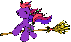 Size: 288x171 | Tagged: artist needed, safe, derpibooru import, oc, oc:bramble berry, unofficial characters only, pony, unicorn, g1, 2010, animated, bow, braid, braided ponytail, broom, eyes closed, female, gif, horn, image, mare, non-animated gif, open mouth, open smile, ponytail, riding a broom, simple background, smiling, solo, tail, tail bow, transparent background, unicorn oc, wind, windswept hair, windswept mane, windswept tail