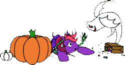 Size: 432x224 | Tagged: artist needed, safe, derpibooru import, oc, oc:bramble berry, unofficial characters only, ghost, pony, undead, unicorn, g1, 2010, animated, bag, bow, braid, braided ponytail, candy, female, food, gif, halloween, holiday, horn, image, mare, non-animated gif, open mouth, paper bag, ponytail, pumpkin, raised hoof, scared, simple background, tail, tail bow, transparent background, unicorn oc