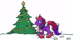 Size: 432x240 | Tagged: artist needed, safe, derpibooru import, oc, oc:bramble berry, unofficial characters only, pony, unicorn, g1, 2010, animated, bow, braid, braided ponytail, chibi, christmas, christmas tree, clothes, female, holiday, horn, image, jpeg, mare, non-animated gif, ponytail, raised hoof, scarf, simple background, snow, socks, solo, striped scarf, tail, tail bow, tree, unicorn oc, white background