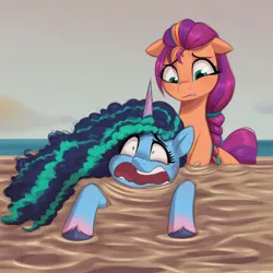 Size: 1024x1024 | Tagged: safe, ai content, anonymous prompter, derpibooru import, machine learning generated, stable diffusion, sunny starscout, earth pony, pony, unicorn, g5, beach, duo, faic, female, generator:pony diffusion v6 xl, horn, image, jpeg, mane stripe sunny, mare, misty brightdawn, mud, ocean, quicksand, scared, screaming, sinking, terrified, water
