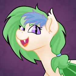 Size: 2000x2000 | Tagged: safe, artist:cadetredshirt, derpibooru import, oc, unofficial characters only, bat pony, pony, bat pony oc, bat wings, bust, cat eyes, commission, digital art, ear fluff, fangs, green mane, image, looking at camera, looking at you, png, slit eyes, slit pupils, solo, two toned mane, wings