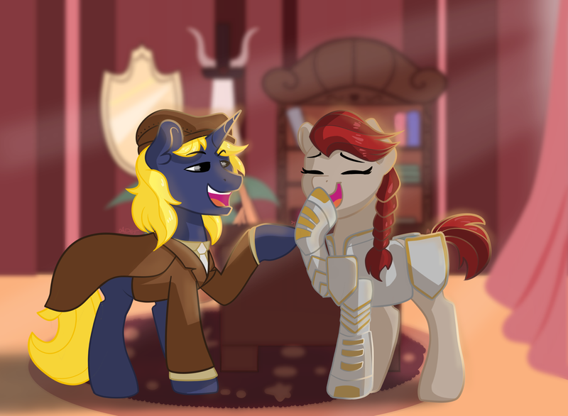 Size: 2949x2160 | Tagged: safe, artist:cadetredshirt, derpibooru import, oc, oc:equity, oc:philo reed, earth pony, pony, unicorn, armor, armored pony, clothes, commission, detective, digital art, eyes closed, horn, image, jacket, laughing, male, png, stallion, stallion oc, tail, two toned mane, two toned tail